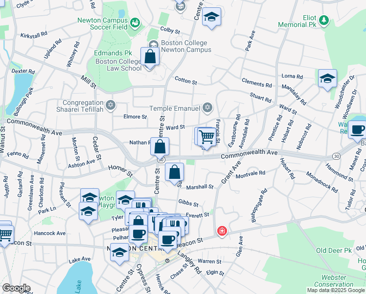 map of restaurants, bars, coffee shops, grocery stores, and more near 15 Sumner Street in Newton