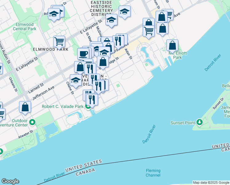 map of restaurants, bars, coffee shops, grocery stores, and more near 3100 Guoin Street in Detroit