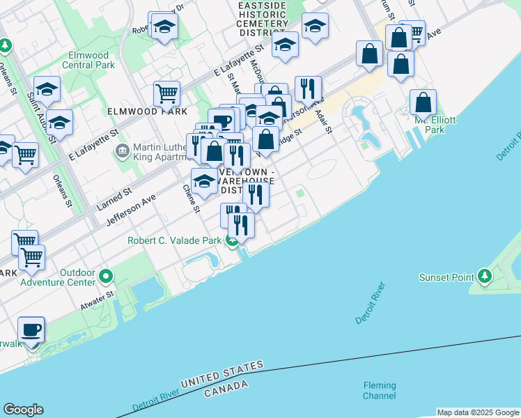 map of restaurants, bars, coffee shops, grocery stores, and more near 500 River Place Drive in Detroit