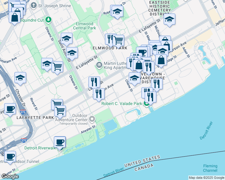 map of restaurants, bars, coffee shops, grocery stores, and more near 2151 East Jefferson in Detroit