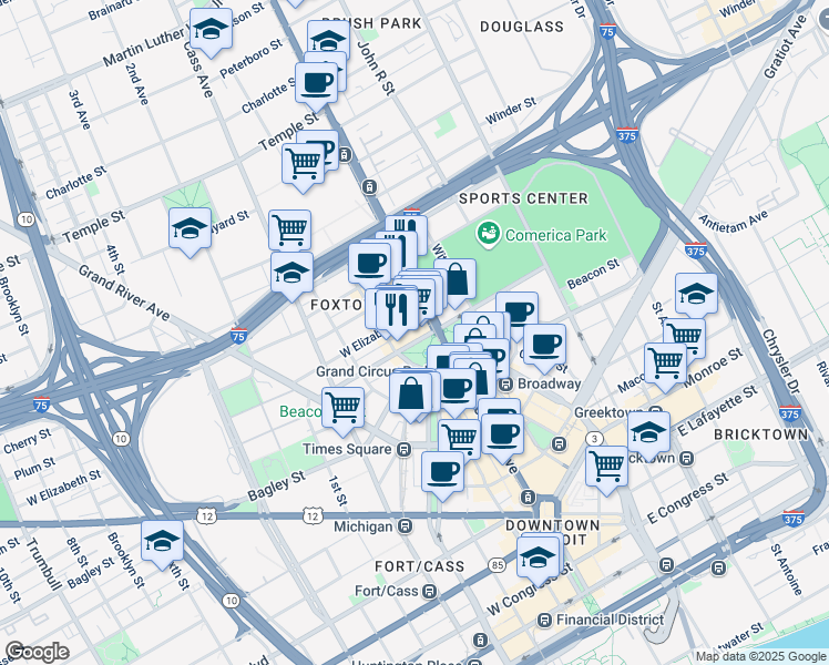 map of restaurants, bars, coffee shops, grocery stores, and more near 26 West Elizabeth Street in Detroit