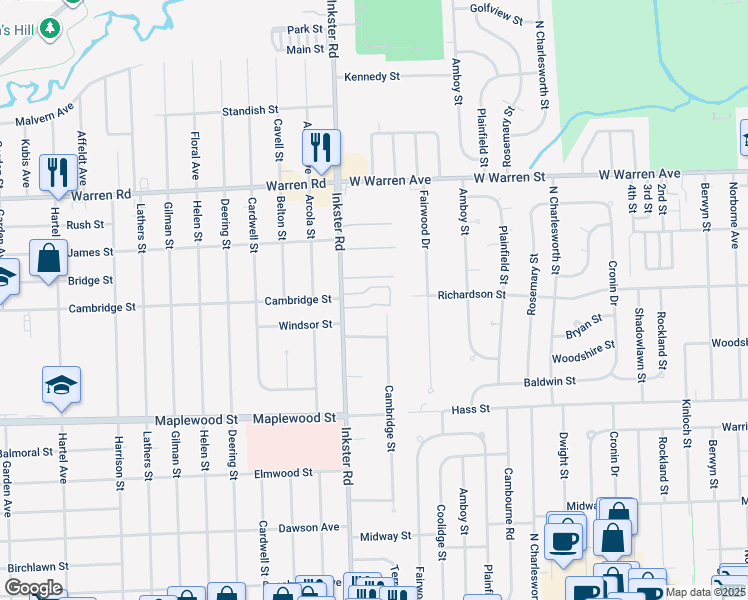 map of restaurants, bars, coffee shops, grocery stores, and more near 23 Hickory Court in Dearborn Heights