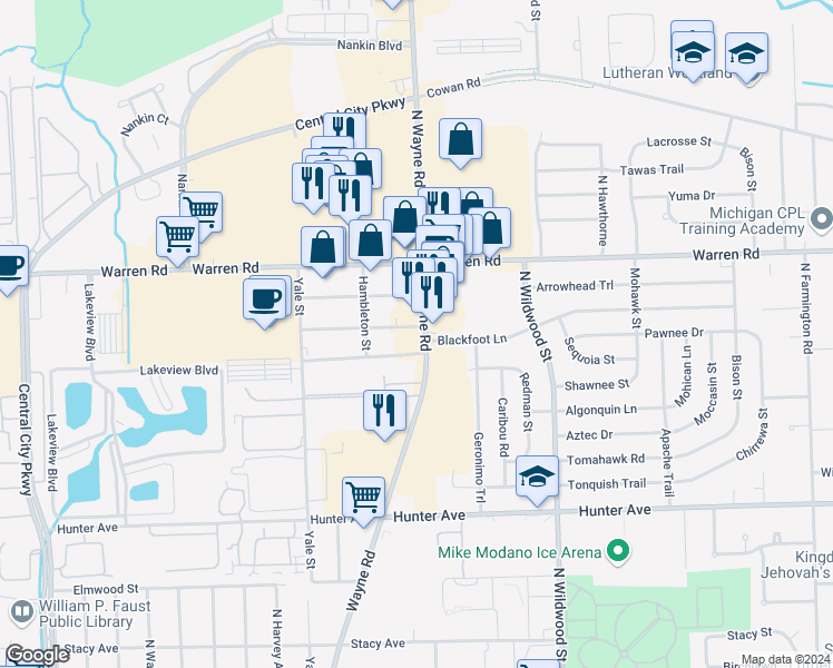 map of restaurants, bars, coffee shops, grocery stores, and more near 34931 Bakewell Street in Westland