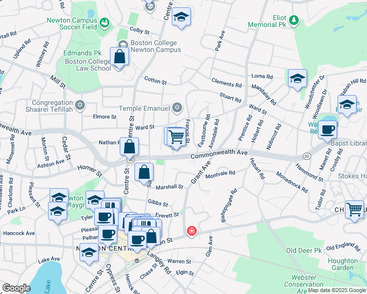 map of restaurants, bars, coffee shops, grocery stores, and more near 6 Nottingham Street in Newton