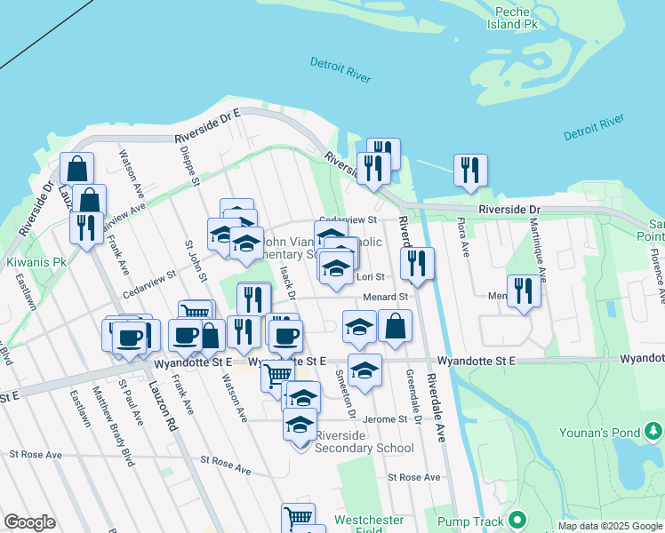 map of restaurants, bars, coffee shops, grocery stores, and more near 8800 Menard Street in Windsor