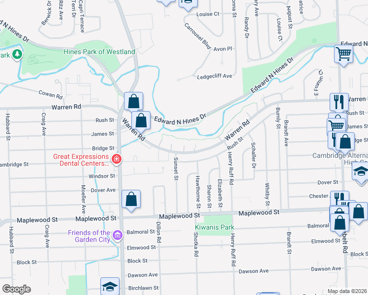 map of restaurants, bars, coffee shops, grocery stores, and more near 30500 Warren Road in Westland