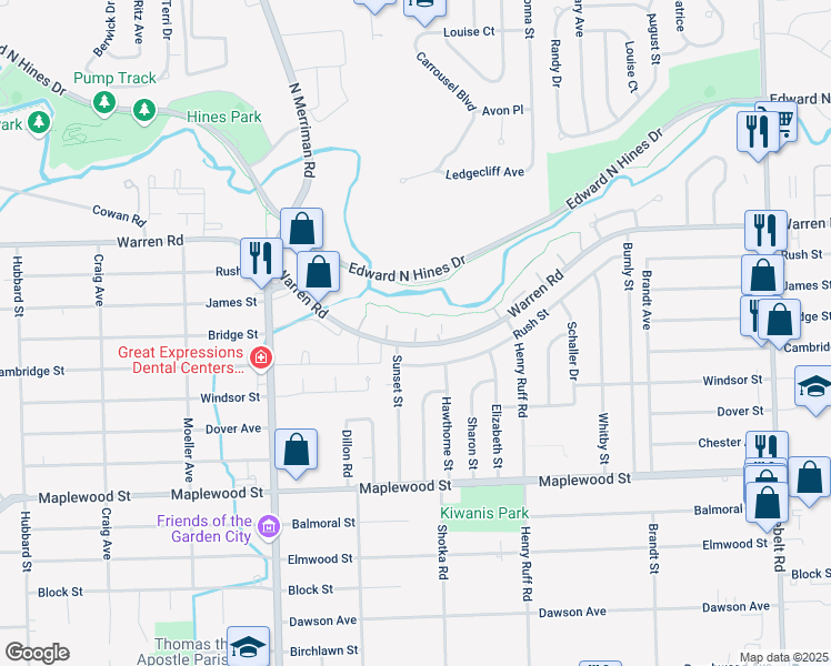 map of restaurants, bars, coffee shops, grocery stores, and more near 30500 West Warren Avenue in Dearborn Heights