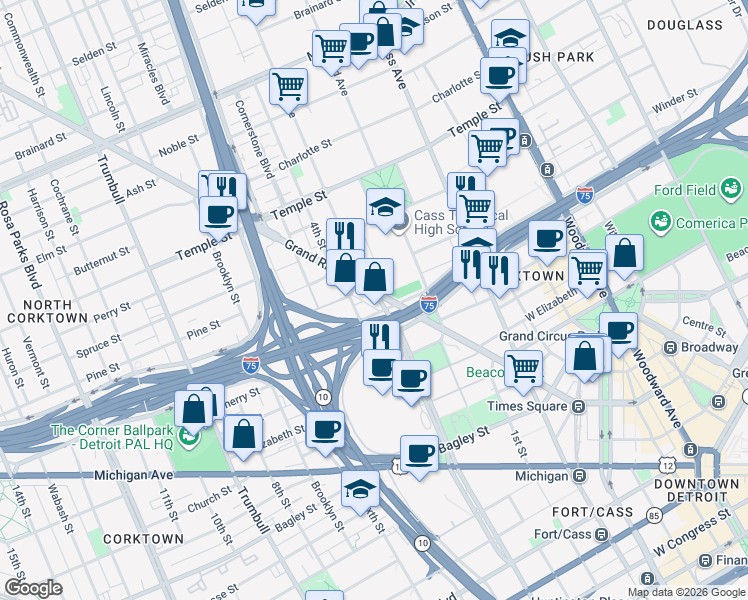 map of restaurants, bars, coffee shops, grocery stores, and more near 2455 West Grand River Avenue in Detroit