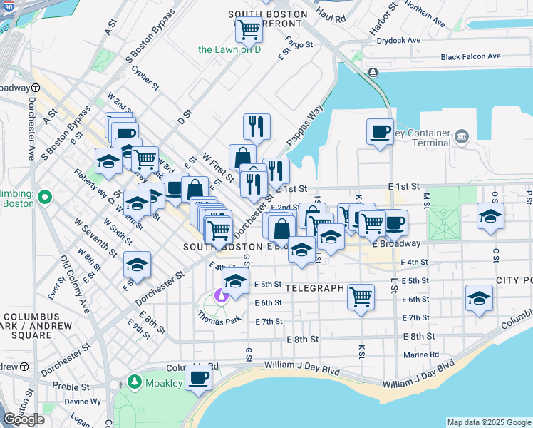 map of restaurants, bars, coffee shops, grocery stores, and more near 510 East 2nd Street in Boston