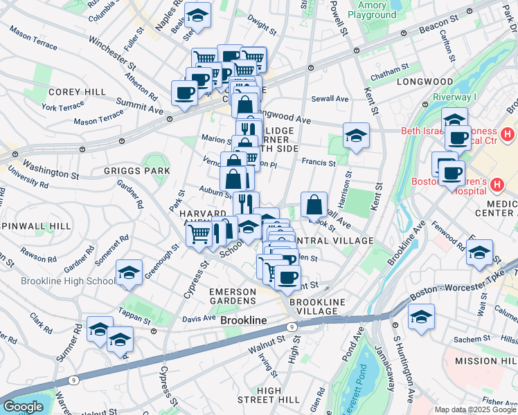 map of restaurants, bars, coffee shops, grocery stores, and more near 40 Aspinwall Avenue in Brookline
