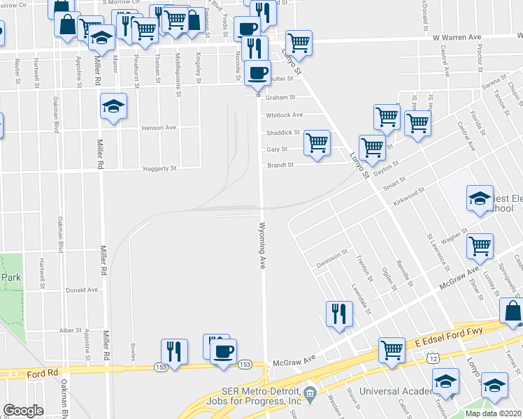 map of restaurants, bars, coffee shops, grocery stores, and more near 6245 Wyoming Avenue in Detroit