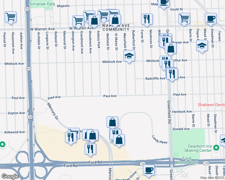 map of restaurants, bars, coffee shops, grocery stores, and more near 6336 Mettetal Street in Detroit