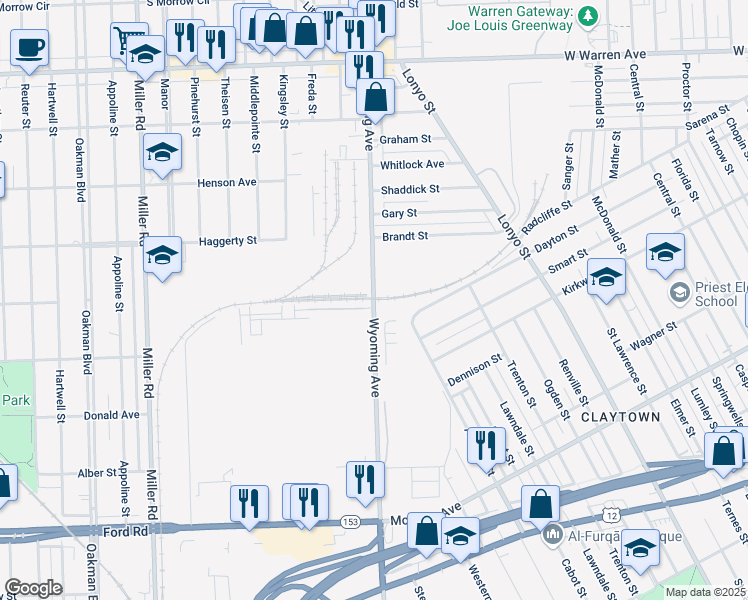 map of restaurants, bars, coffee shops, grocery stores, and more near 6245 Wyoming Avenue in Detroit