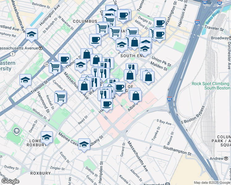 map of restaurants, bars, coffee shops, grocery stores, and more near 771 Harrison Avenue in Boston