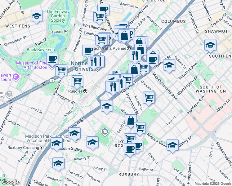 map of restaurants, bars, coffee shops, grocery stores, and more near 724 Columbus Avenue in Boston