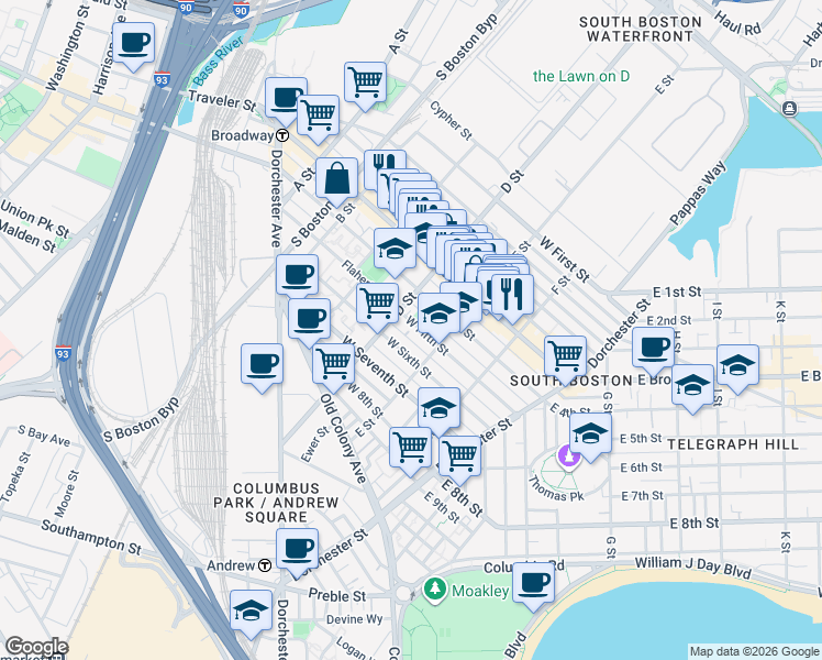 map of restaurants, bars, coffee shops, grocery stores, and more near 205 D Street in Boston
