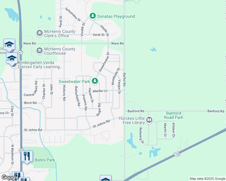 map of restaurants, bars, coffee shops, grocery stores, and more near Woodside Drive & Manke Lane in Woodstock