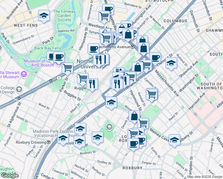map of restaurants, bars, coffee shops, grocery stores, and more near 805 Columbus Avenue in Boston