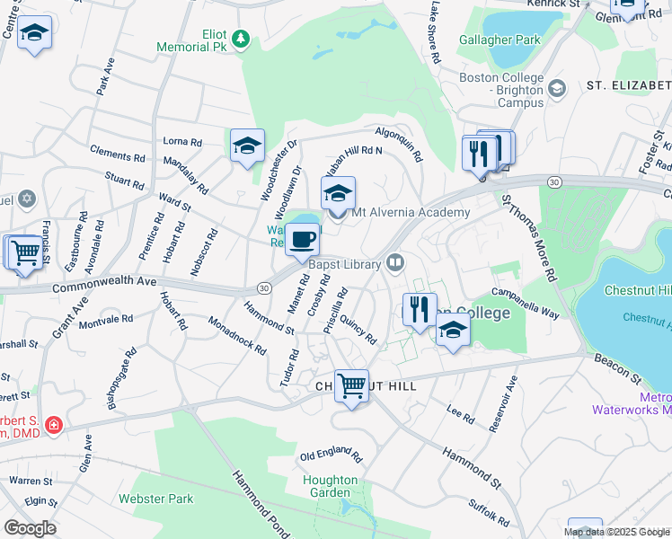 map of restaurants, bars, coffee shops, grocery stores, and more near 191 Commonwealth Avenue in Newton