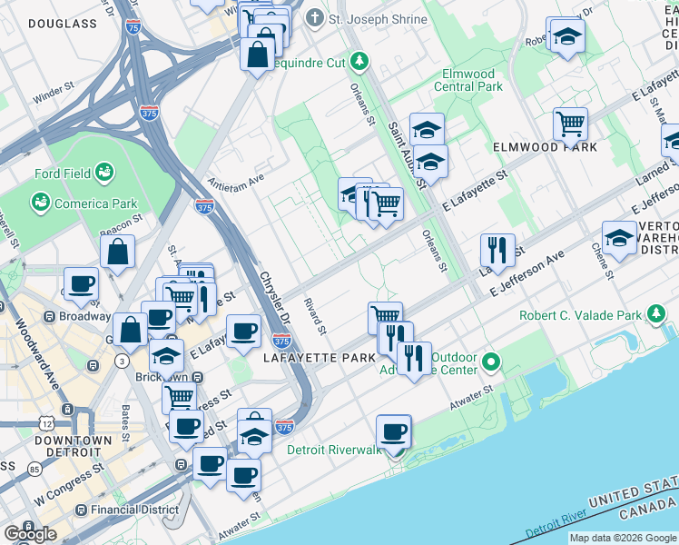 map of restaurants, bars, coffee shops, grocery stores, and more near in Detroit