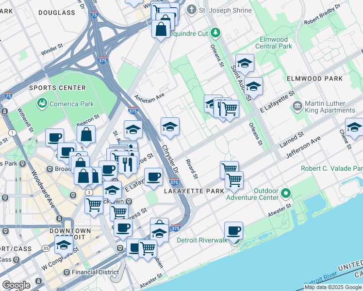 map of restaurants, bars, coffee shops, grocery stores, and more near 1010 Rivard Street in Detroit