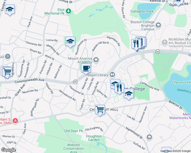 map of restaurants, bars, coffee shops, grocery stores, and more near 191 Commonwealth Avenue in Newton