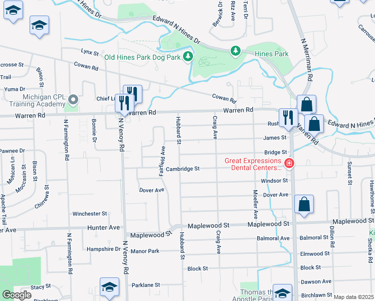 map of restaurants, bars, coffee shops, grocery stores, and more near 32249 James Street in Garden City