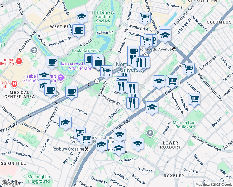map of restaurants, bars, coffee shops, grocery stores, and more near 30 Leon Street in Boston