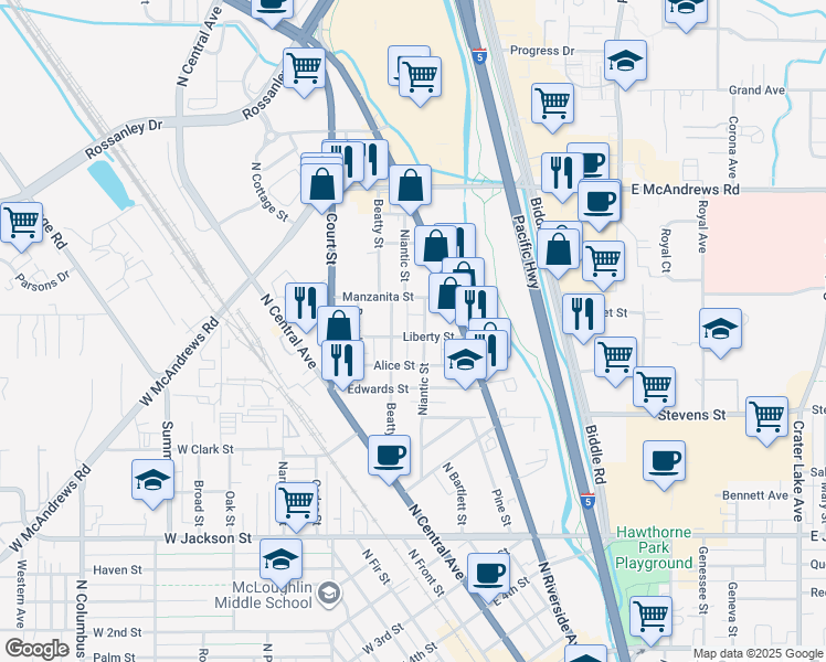 map of restaurants, bars, coffee shops, grocery stores, and more near 1115 Niantic Street in Medford