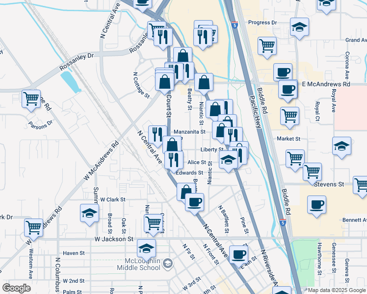 map of restaurants, bars, coffee shops, grocery stores, and more near 517 Beatty Street in Medford