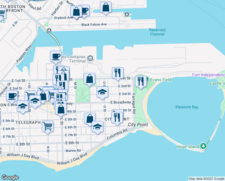 map of restaurants, bars, coffee shops, grocery stores, and more near 880 East 2nd Street in Boston