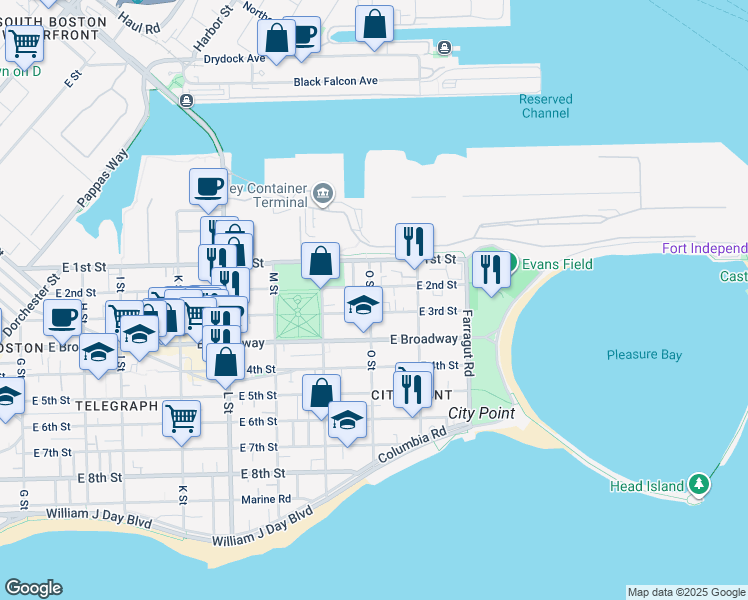 map of restaurants, bars, coffee shops, grocery stores, and more near 27 O Street in Boston