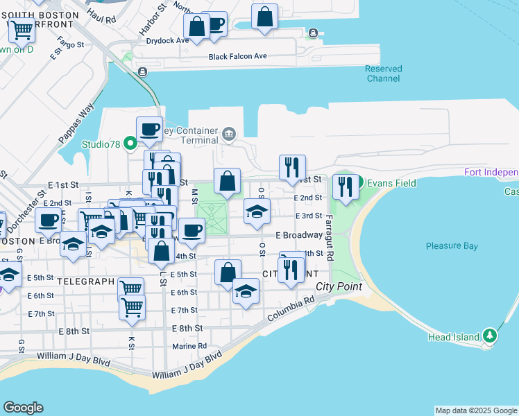 map of restaurants, bars, coffee shops, grocery stores, and more near 27 O Street in Boston