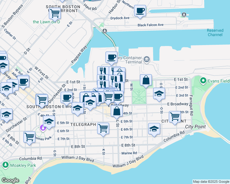 map of restaurants, bars, coffee shops, grocery stores, and more near in Boston