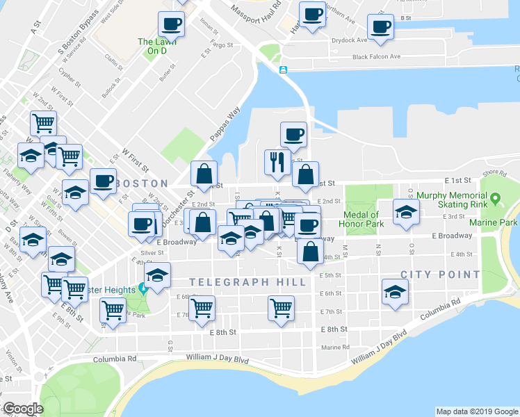 map of restaurants, bars, coffee shops, grocery stores, and more near 618 East 2nd Street in Boston