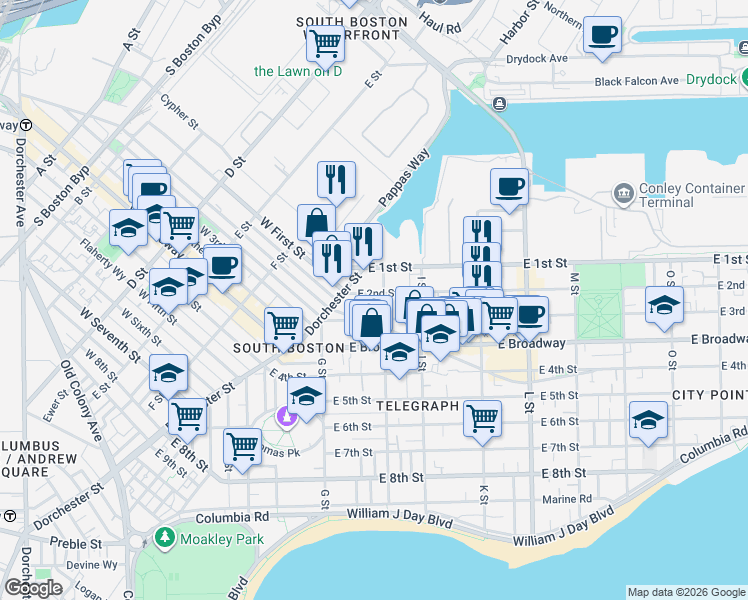 map of restaurants, bars, coffee shops, grocery stores, and more near 4 H Street in Boston