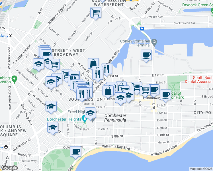 map of restaurants, bars, coffee shops, grocery stores, and more near 480 East 2nd Street in Boston
