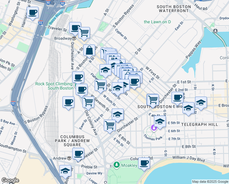 map of restaurants, bars, coffee shops, grocery stores, and more near 205 D Street in Boston
