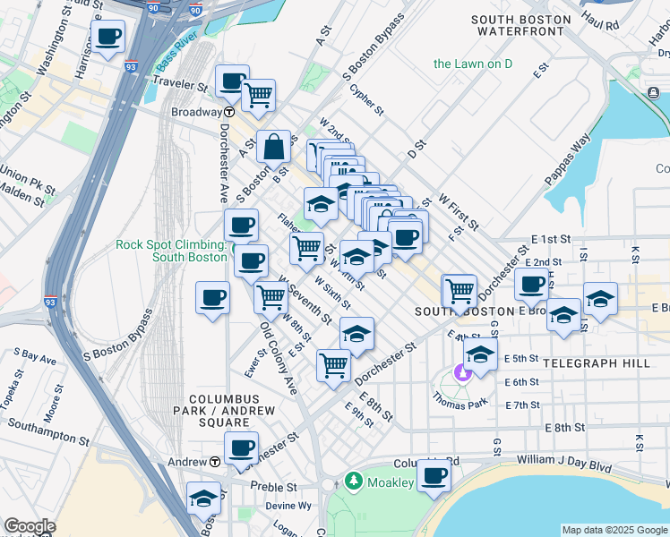 map of restaurants, bars, coffee shops, grocery stores, and more near 205 D Street in Boston