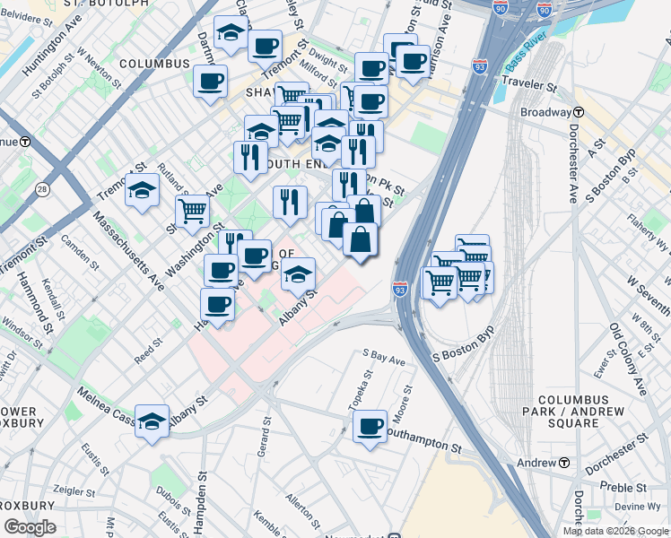 map of restaurants, bars, coffee shops, grocery stores, and more near 122 East Canton Street in Boston