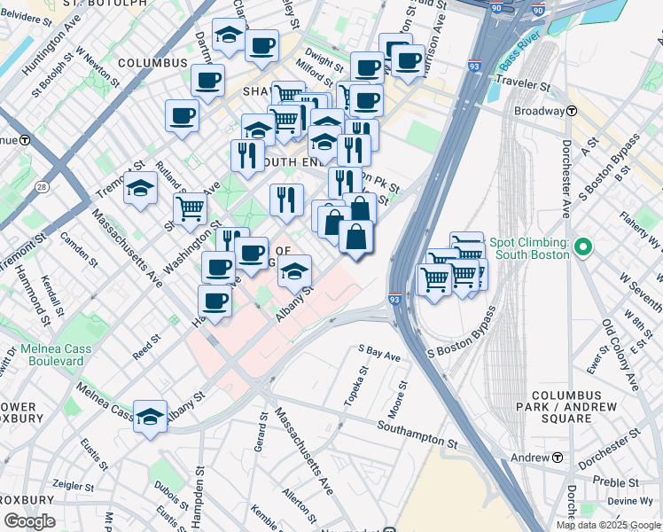 map of restaurants, bars, coffee shops, grocery stores, and more near 595 Albany Street in Boston