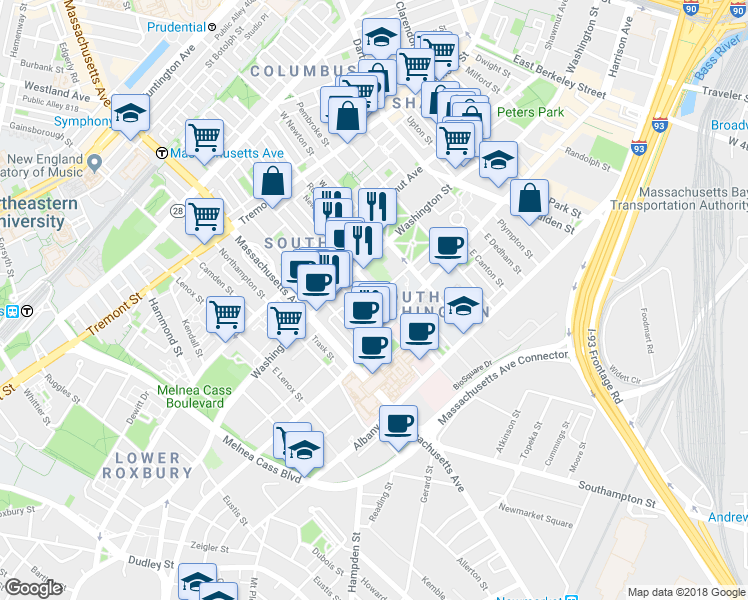 map of restaurants, bars, coffee shops, grocery stores, and more near 19 East Concord Street in Boston
