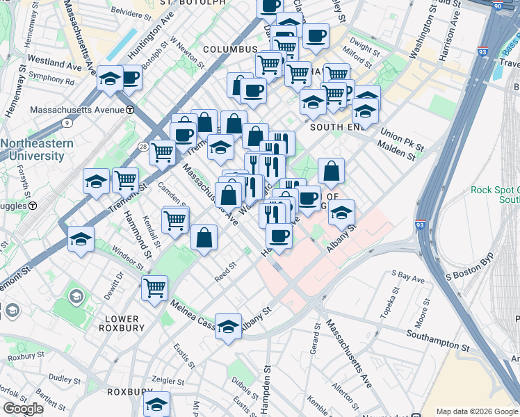 map of restaurants, bars, coffee shops, grocery stores, and more near 1718 Washington Street in Boston