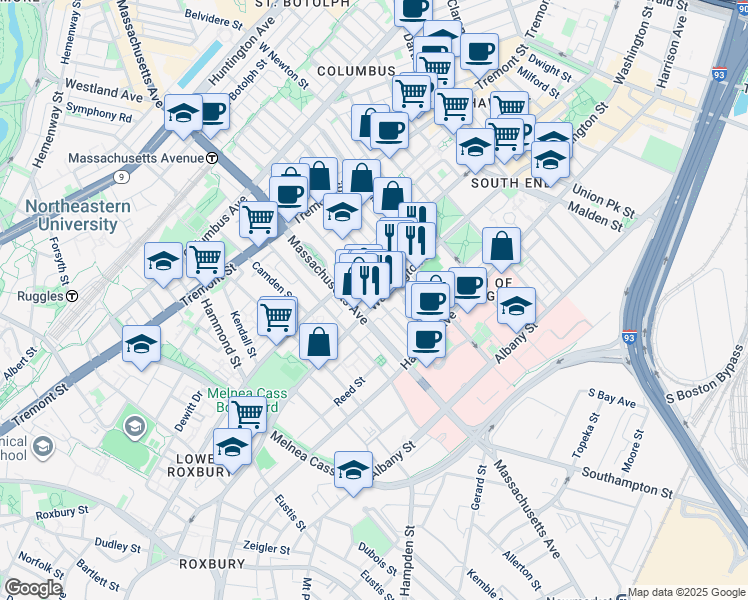 map of restaurants, bars, coffee shops, grocery stores, and more near 1718 Washington Street in Boston