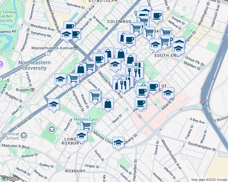 map of restaurants, bars, coffee shops, grocery stores, and more near 620 Massachusetts Avenue in Boston