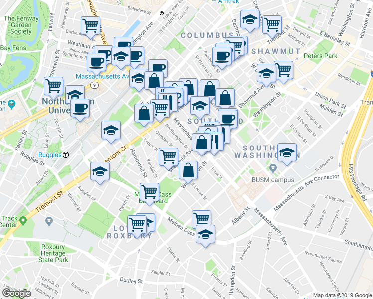 map of restaurants, bars, coffee shops, grocery stores, and more near 179 Northampton Street in Boston