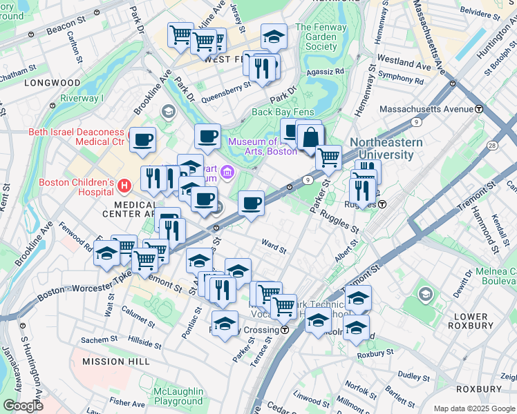 map of restaurants, bars, coffee shops, grocery stores, and more near 19 Vancouver Street in Boston