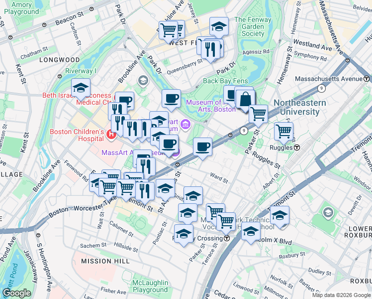 map of restaurants, bars, coffee shops, grocery stores, and more near in Boston