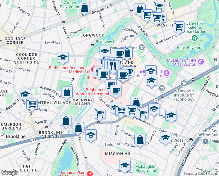 map of restaurants, bars, coffee shops, grocery stores, and more near one Jimmy Fund Way in Boston