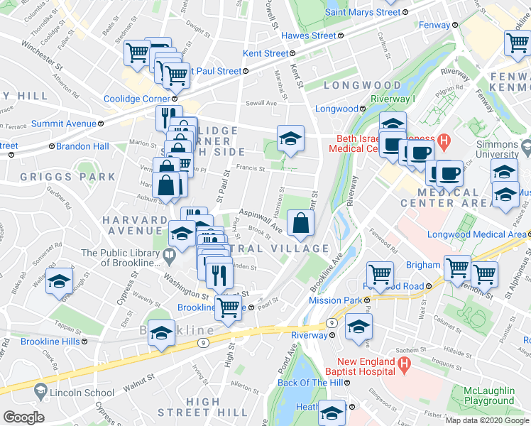 map of restaurants, bars, coffee shops, grocery stores, and more near 62 Toxteth Street in Brookline